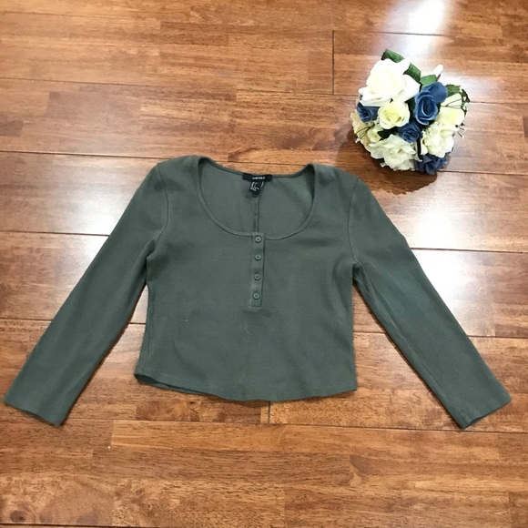 Forever 21 Green Ribbed Button Front Crop Top L - Picture 2 of 8